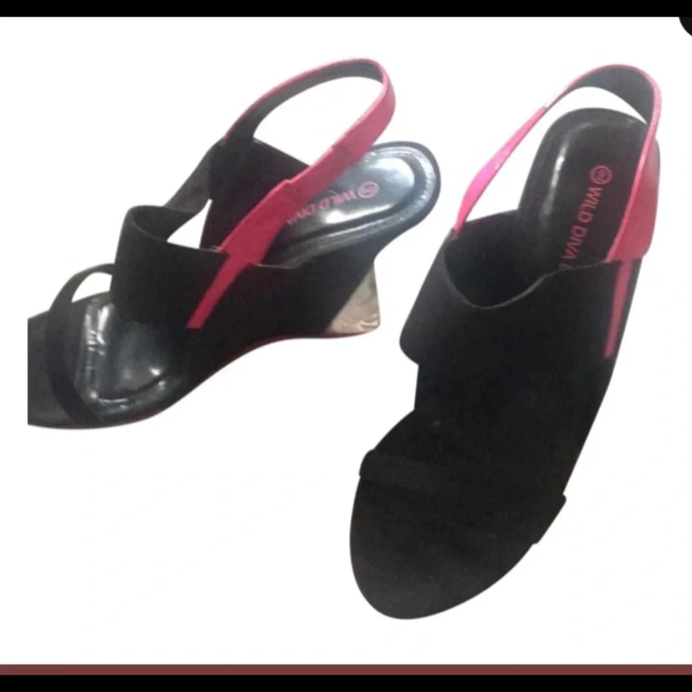 Dolls Kill Black Suede Wedge Heels with Hot Pink Trim